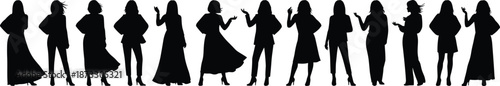 Silhouettes of women in various fashion outfits and expressive poses for style, elegance, character design, and vector illustration content