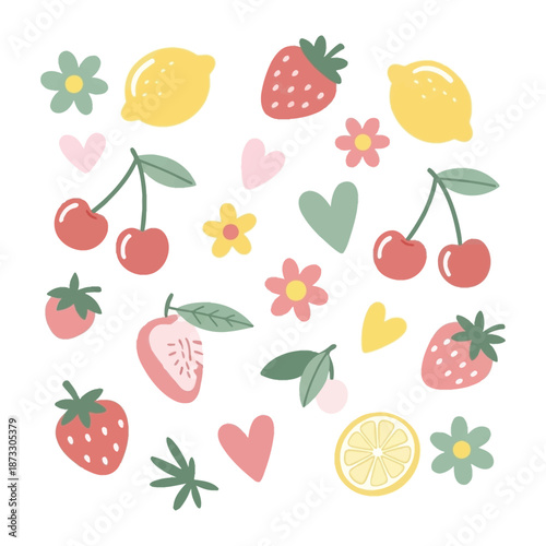 Summer Fruit Mix: A vibrant collection of summery icons including strawberries, lemons, cherries, flowers and heart-shaped icons. capturing the freshness and essence of summer