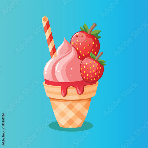 Delicious Strawberry Ice Cream Cone with Fresh Berries and Striped Straw on Bright Blue Background, Sweet Treat