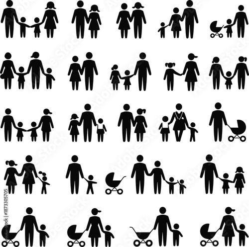 Family silhouette icon set showing parents, children, couples, baby stroller, different family types, relationships, lifestyle, people symbols, vector illustration