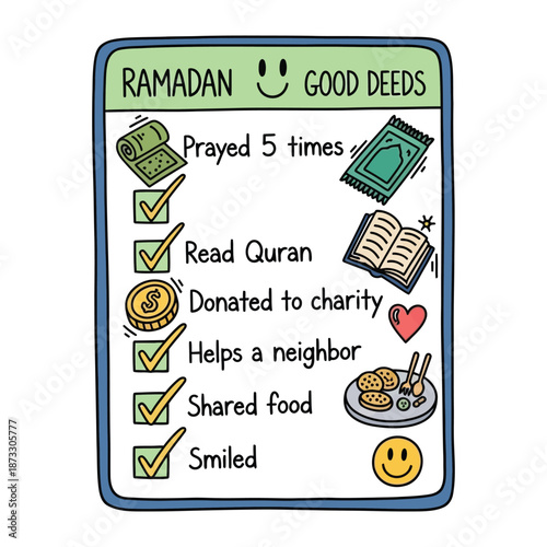 Ramadan Good Deeds Checklist: A detailed illustration of a Ramadan good deeds checklist, featuring a range of virtuous activities from prayer to charity.