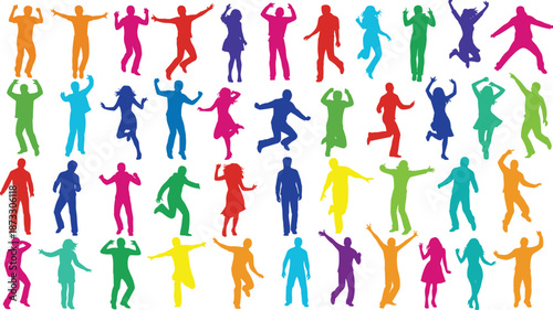 Colorful silhouettes, dancing people, jumping poses, energetic movement, vibrant celebration, diverse community, joyful expression, artistic design, abstract figures, creative illustration