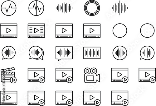 Comprehensive collection of minimalist line-art icons for multimedia playback, audio waveforms, video editing, and recording interface vector design.