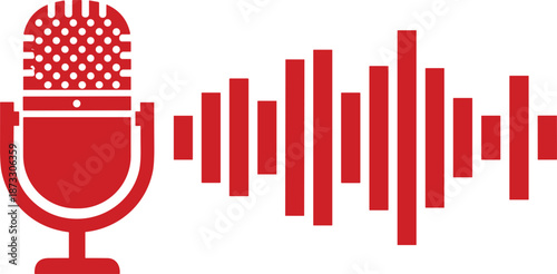 Red silhouette of a classic studio condenser microphone paired with a dynamic audio equalizer waveform for podcasting, recording, and broadcast vector design.