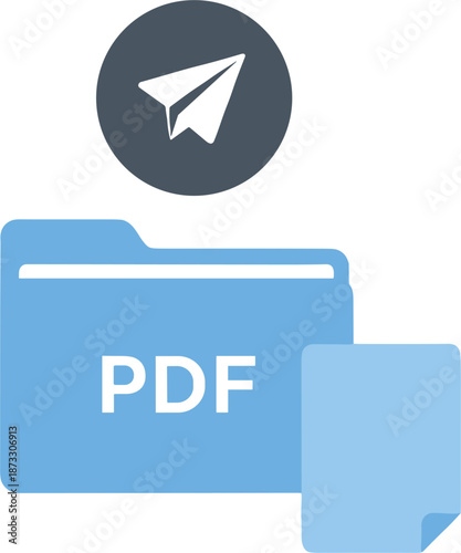 Modern blue PDF folder icon with a document preview and paper airplane messaging symbol for digital file management and communication vector design.