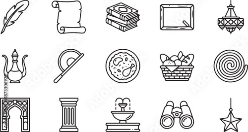 Historical and educational islamic icon set including quill pen scroll ancient books chalkboard chandelier and traditional objects like fountain archway pillar binoculars and decorative star elements