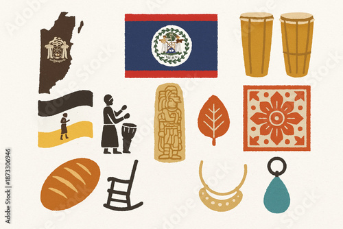 Belize cultural icon vector set with coat of arms flag drums Garifuna Maya stela textiles Creole and jewelry