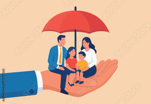 Life insurance, family protection to assure members will be financially supported and risk cover concept, lovely family with husband, wife and kids in supporting hand with umbrella cover protection.