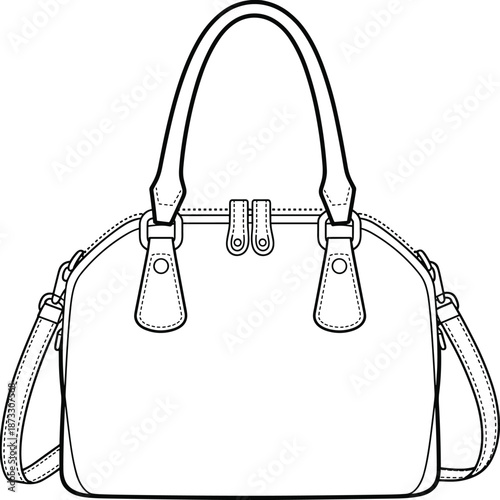 Women’s handbag technical flat sketch, elegant tote bag outline illustration with handles and shoulder strap, fashion accessory design drawing
