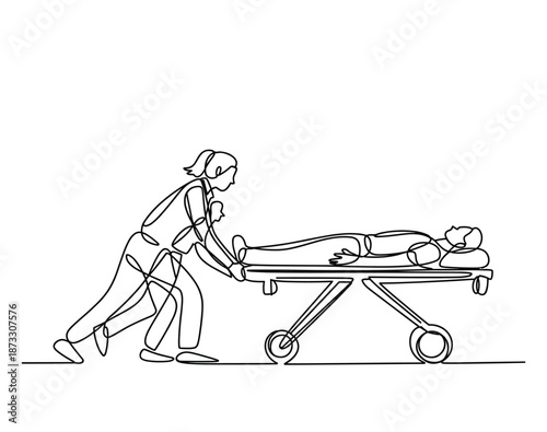 Medical pushing patient on stretcher in continuous line style hospital.
