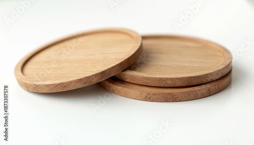 Stack of round wood coasters for drinks on white. Tableware item is crafted to protect furniture from beverage stains. Rustic houseware detail for dining area and vintage kitchen decor.
