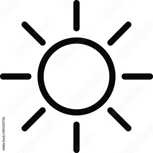 Minimalist line-art sun icon with eight uniform rays for weather, solar energy, and climate vector design.