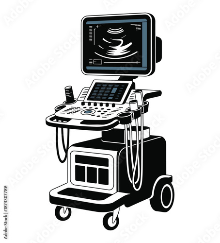 Medical ultrasound machine with screen displaying internal organ and probes equipment.