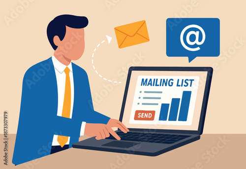 Mailing list to send email campaign, subscription email management software, sending promotion or communicate marketing message concept, businessman with mailing list computer laptop sending email.