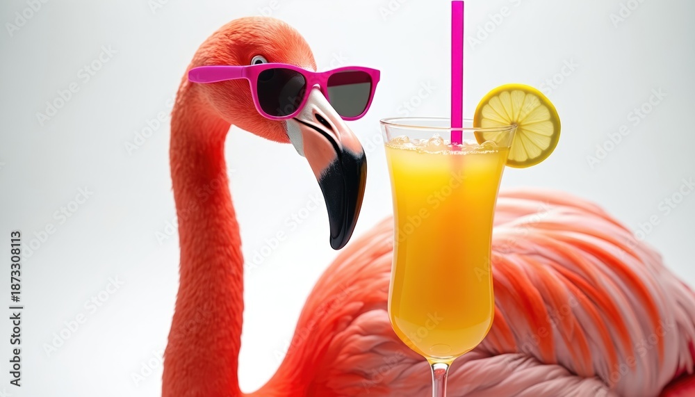 Fototapeta premium Cool flamingo wearing sunglasses and holding a tropical drink. Pink bird enjoys summer refreshment with citrus slice and straw. Fun vacation vibe, party time, sunny day.