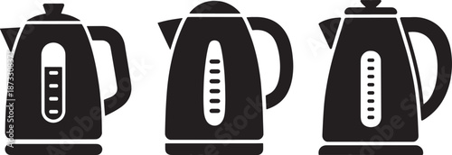 Electric Kettle Silhouette Icons, Kitchen Appliance and Boiling Water Illustration