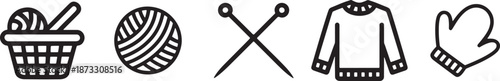 Knitting and Crochet Outline Icons Set with Yarn, Needles, Sweater and Mittens