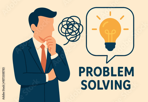 Problem solving, solution or strategic thinking, creativity to solve frustrated problem, contemplation on messy issue, opportunity discovery, businessman thinking with mess problem and lightbulb idea.