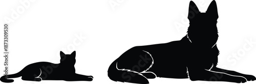 Silhouettes of domestic cat and dog lying down in relaxed poses, animal posture comparison vector for pet design and illustration