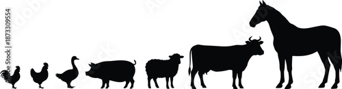 Silhouettes of farm animals including rooster, hen, duck, pig, sheep, cow, and horse for agriculture, livestock, and rural design