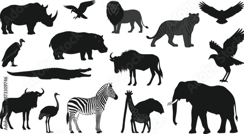 African wildlife animal silhouettes set including elephant giraffe lion rhino and birds isolated on white background for safari nature park design,