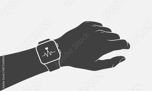 Vector illustration of a hand wearing a smartwatch with a heart rate monitor on the wrist, viewed from the side.