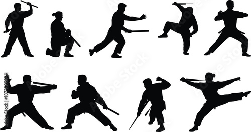Silhouetted Martial Artists Practicing Weapon Techniques in Dynamic Poses, Showcasing Traditional Stick Fighting Skills and Combat Stances for Training and Performance
