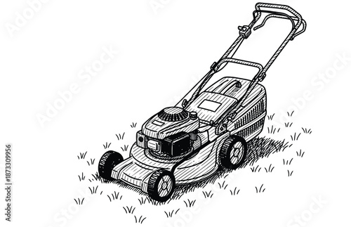 Lawn Mower Push Power Tool in Garden Setting: Hand-Drawn Sketch Style Illustration and Outdoor Care