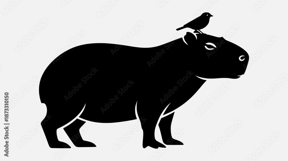 Obraz premium A capybara stands with a bird on its head in a serene natural setting.