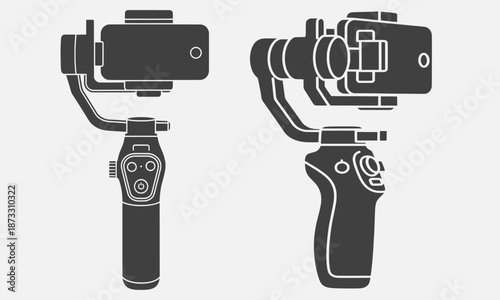 Graphic illustration of a camera stabilizer from two different viewpoints showcasing its design and functionality in a simple and clean environment