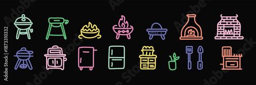 Multicolored Kitchen Utensils and Appliances Icons on Black Background
