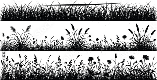 Black and White Grass Silhouette Banners, Wildflower Meadow Border Set, Minimalist Botanical Headers, Floral Ornamental Lawn Illustration, Nature Landscape Vector Graphic