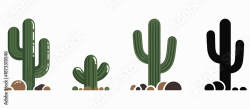 Stylized cactus in green and black with rocky bases a white background succulent desert