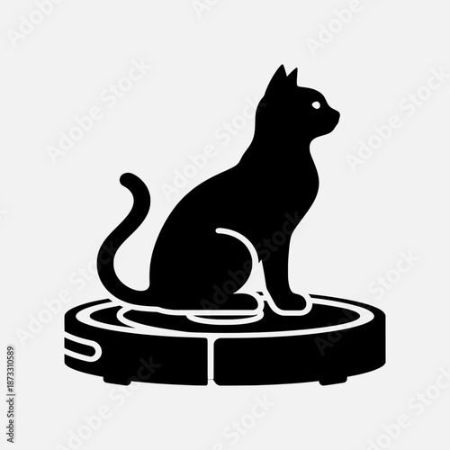 Black cat silhouette sitting on a camera lens, viewed from the side, in a simple graphic illustration