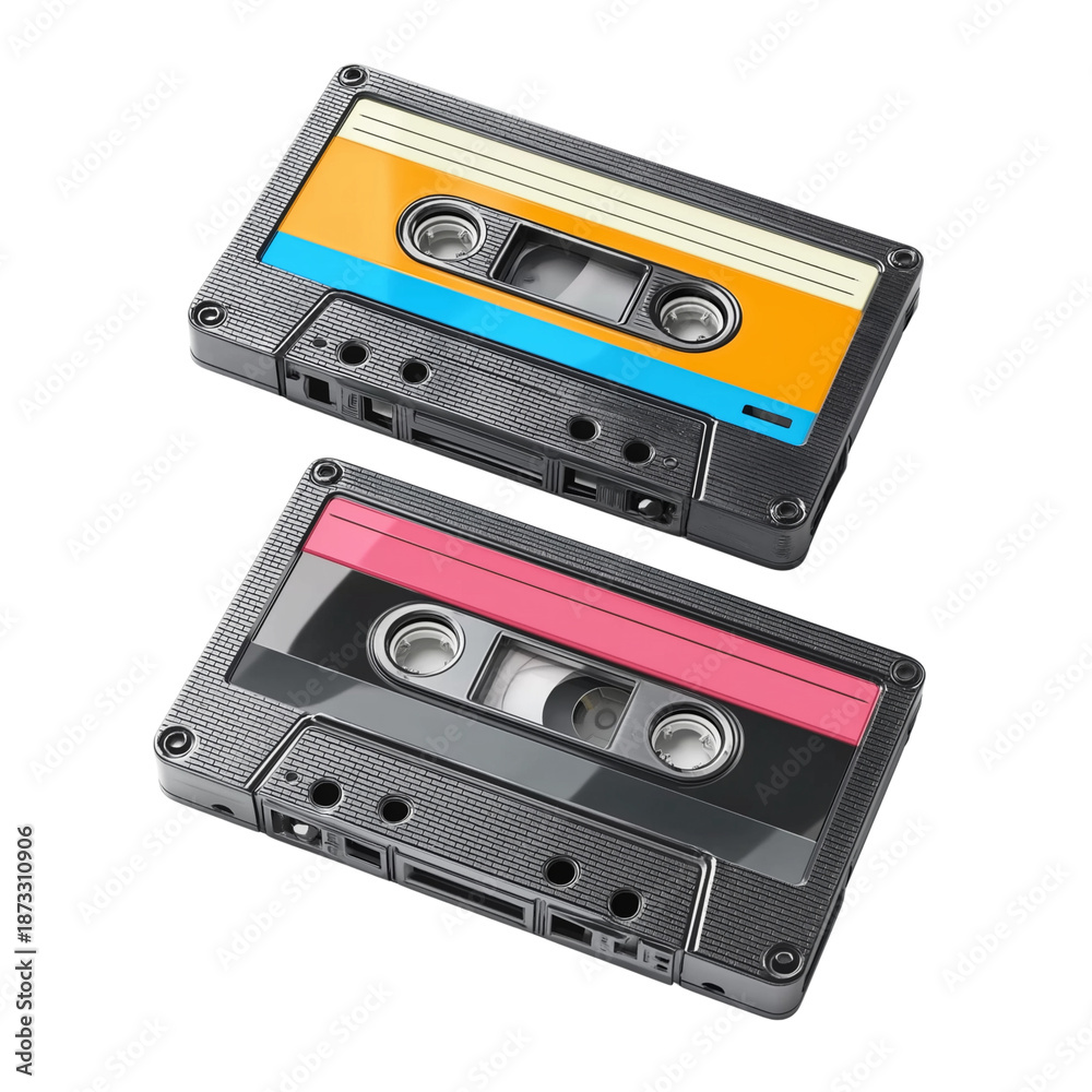 Fototapeta premium Pair of Dark Grey Cassette Tapes with Bright Labels isolated on a transparent background