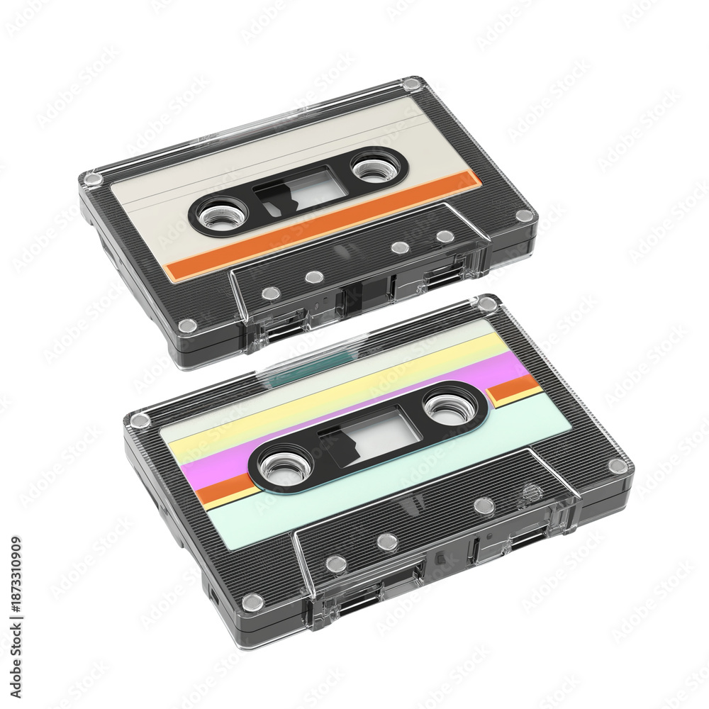 Fototapeta premium Two Retro Audio Cassette Tapes with Colorful Labels isolated on a transparent background