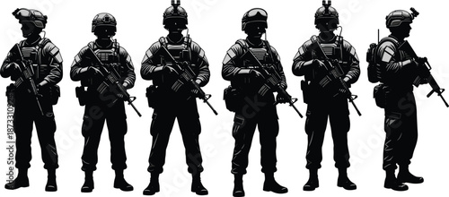 Black and white silhouette illustration of six soldiers in tactical combat gear with rifles standing in line on white background,