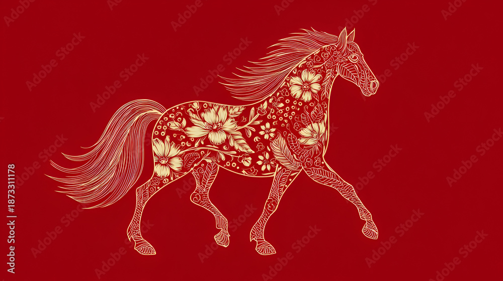 Fototapeta premium Elegant horse with floral pattern running on red background