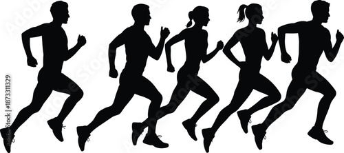 Silhouettes of five runners in motion, side profile view, capturing athletic movement, fitness energy, and dynamic running posture