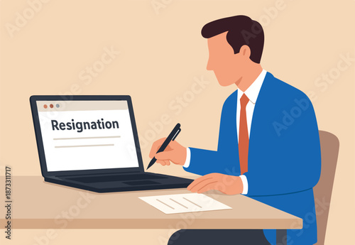 Professional write resignation letter to quit job or inform to leave company, change new job or notify boss, manager of dismissal concept, businessman professional with pen writing resignation email.
