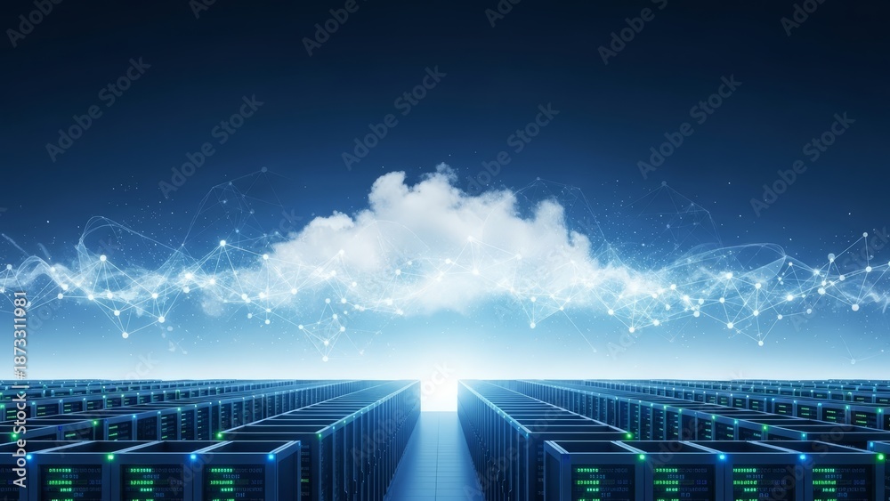 Fototapeta premium Abstract representation of cloud computing technology connecting global data centers, illustrating advanced network infrastructure, data storage, and digital information flow
