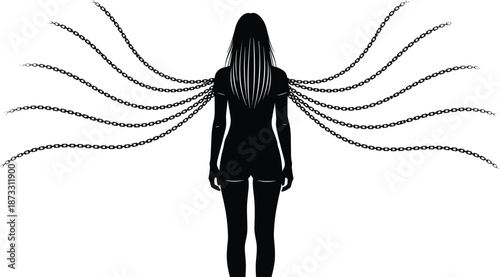 Black female silhouette with radiating chain wings on white background, symmetrical chains behind woman, minimalist graphic design, artistic spiritual conceptual vector.