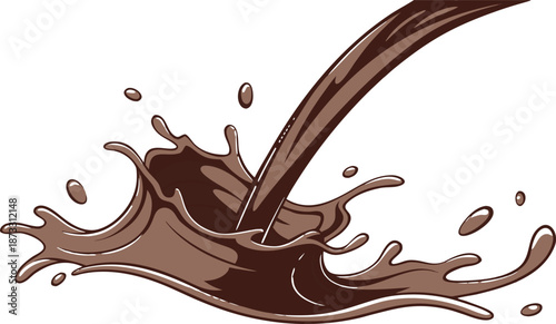Chocolate milk splash frozen in motion, deep brown color, droplets with glossy finish, clear and isolated background.