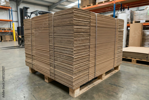 Stack of flat cardboard shipping boxes on a wooden pallet in a warehouse