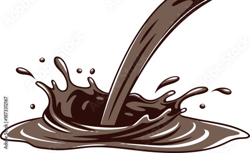 Frozen chocolate milk splash with droplets, glossy brown color, isolated on transparent background, perfect for culinary visuals.