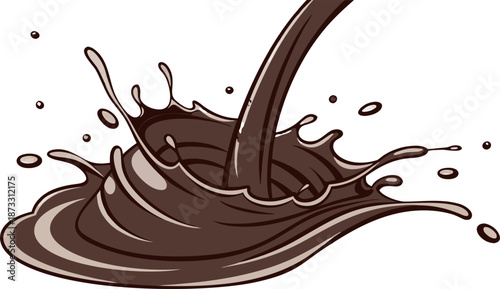 Splash of chocolate milk, droplets suspended in mid-air, rich brown color, showcasing smooth texture, no background.
