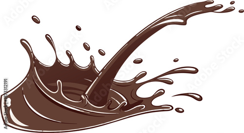 Chocolate milk splash with droplets, dynamic motion, smooth texture, deep brown color, isolated on transparent background.