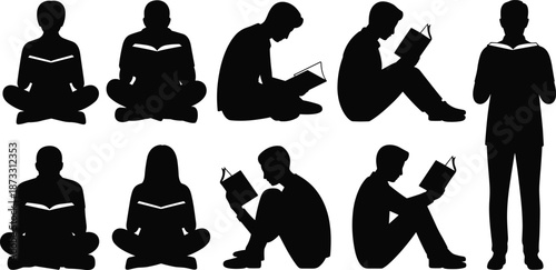 Silhouettes of People Reading Books in Various Seated and Standing Poses on White Background for Education and Literature Concepts
