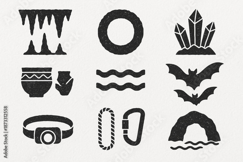 Belize Cave Exploration Icon Set with Underground Rivers and Speleology Gear