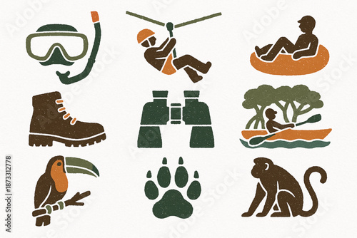 Belize Adventure and Eco Tourism Icon Set with Outdoor Activities